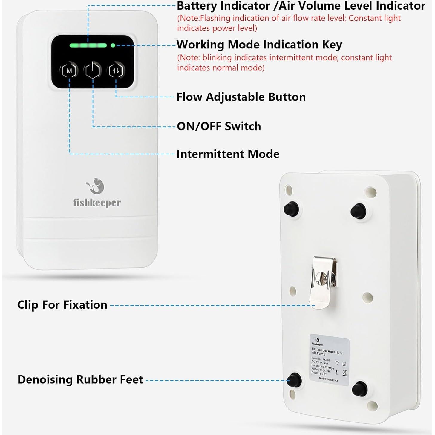 Bomba de aire para acuario Fishkeeper 4W 2600mAh USB 19-473L