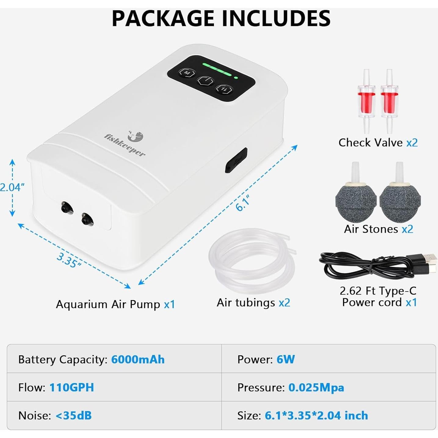 Bomba de aire para acuario Fishkeeper 4W 2600mAh USB 19-473L