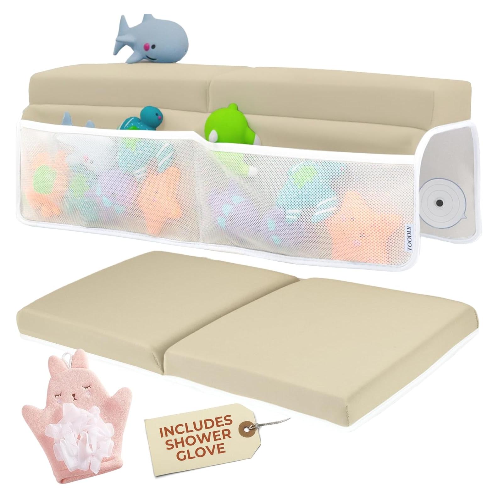 Conjunto Almohadilla Rodillas y Codos Baño Bebé Beige con Guante Rosa