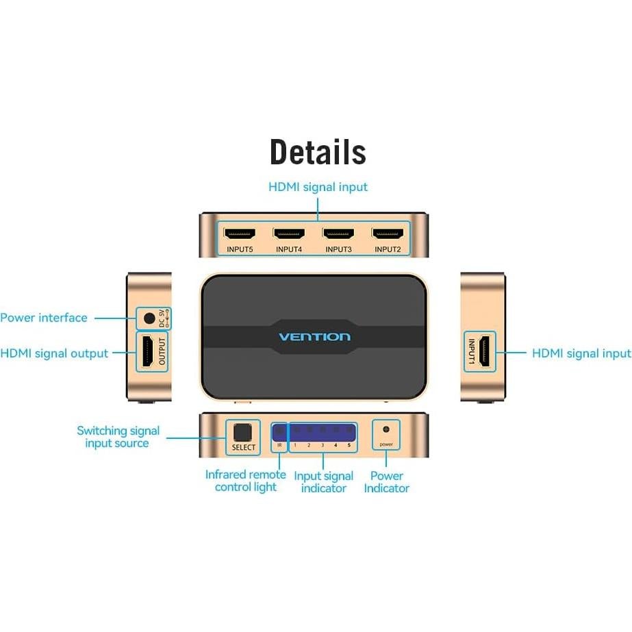 Switch HDMI VENTION 5 en 1 4K@30Hz con Control Remoto
