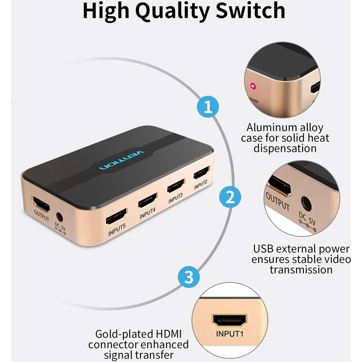 Switch HDMI VENTION 5 en 1 4K@30Hz con Control Remoto