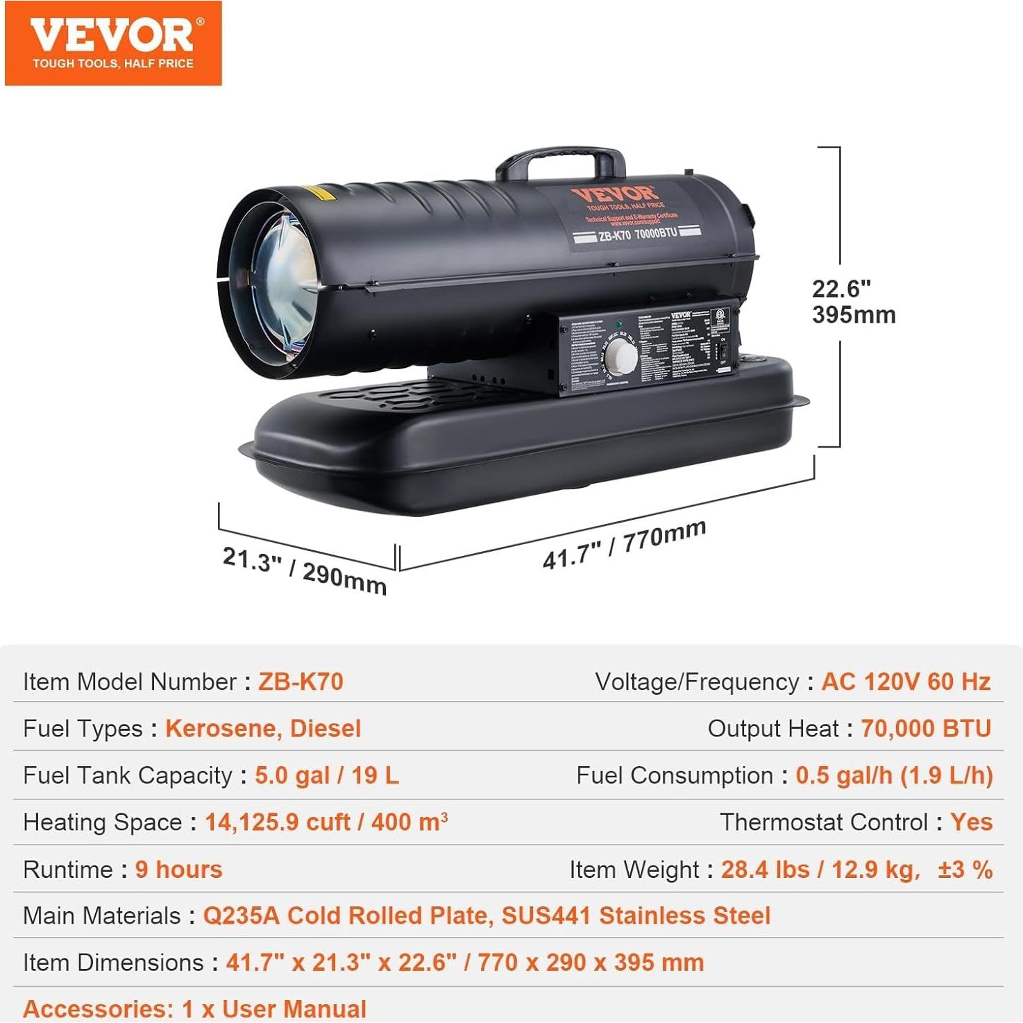 Calentador de Aire Forzado VEVOR 70000 BTU Keroseno Diésel