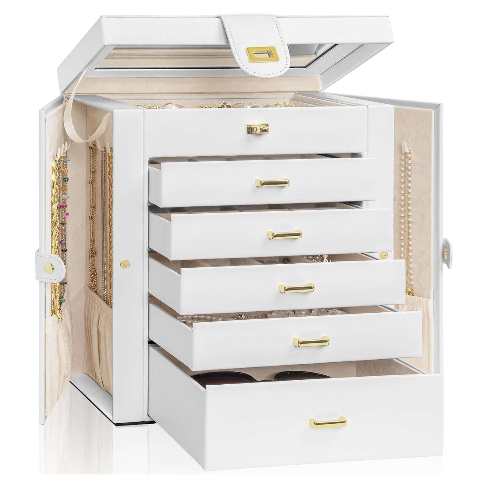 Caja de Joyería Grande AKOZLIN Blanco con Espejo y 6 Cajones