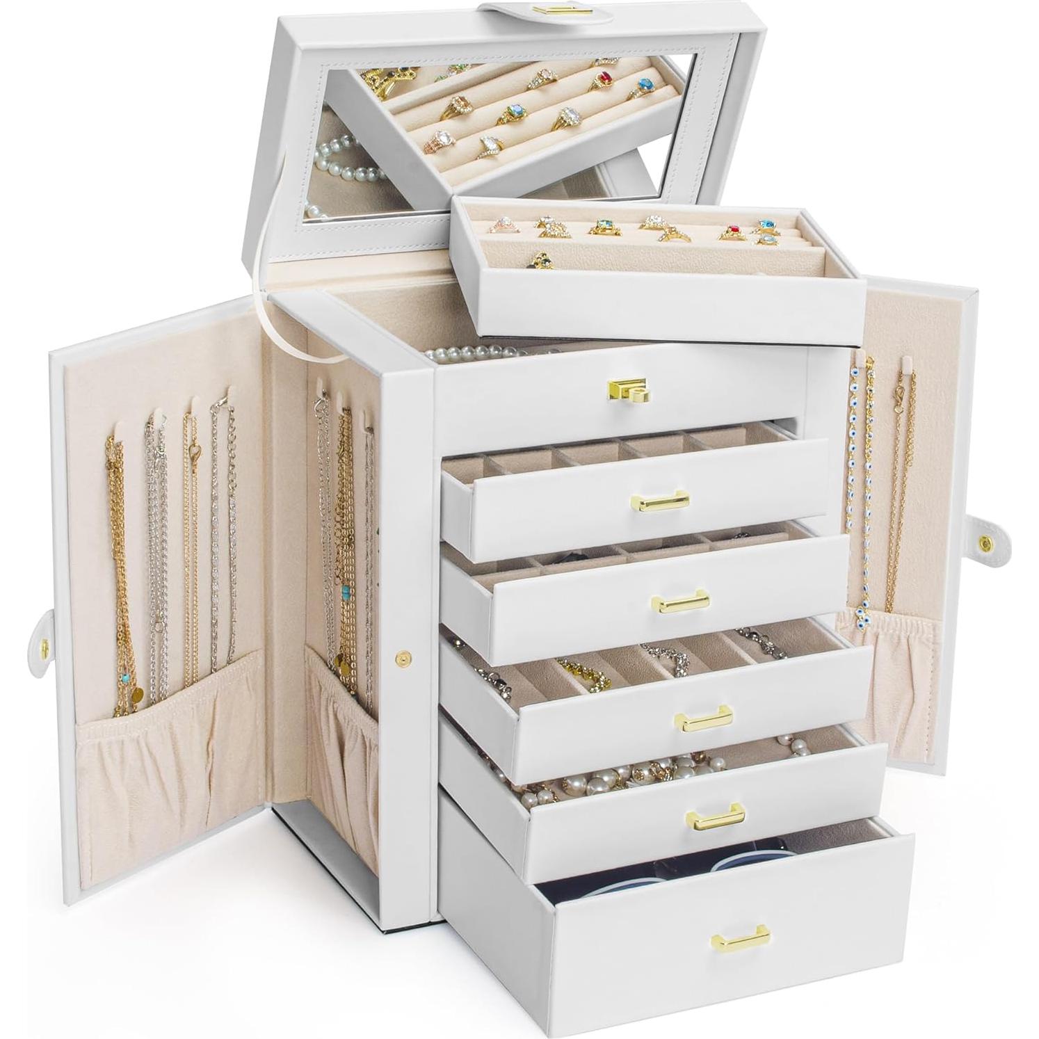 Caja de Joyería Grande AKOZLIN Blanco con Espejo y 6 Cajones