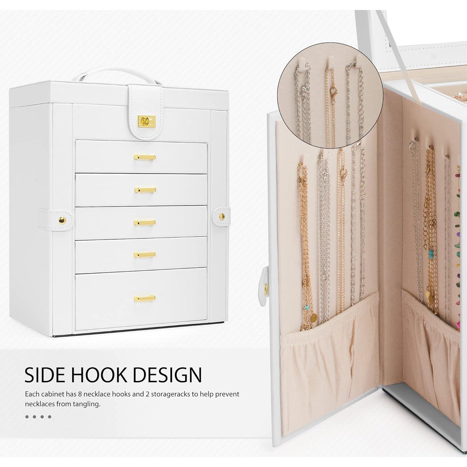 Caja de Joyería Grande AKOZLIN Blanco con Espejo y 6 Cajones