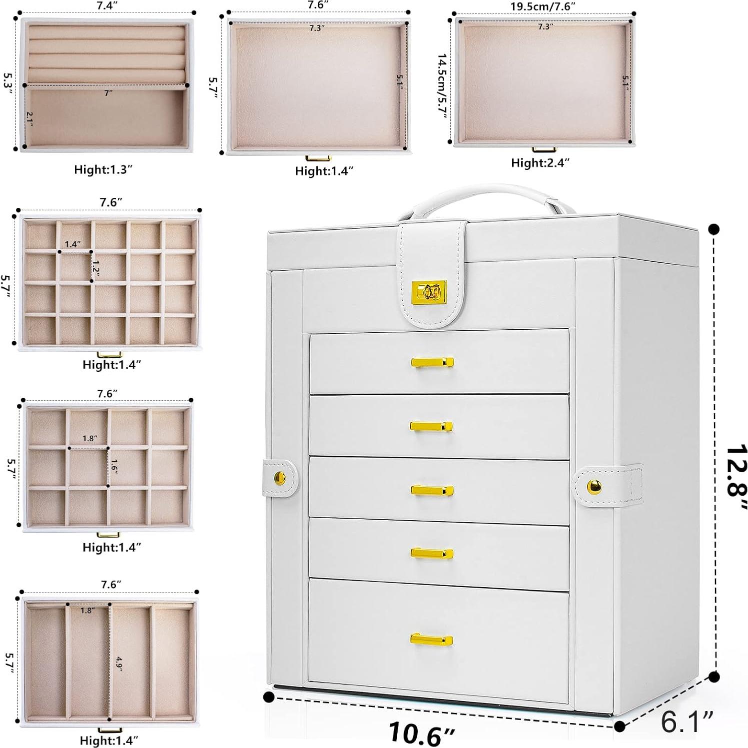 Caja de Joyería Grande AKOZLIN Blanco con Espejo y 6 Cajones