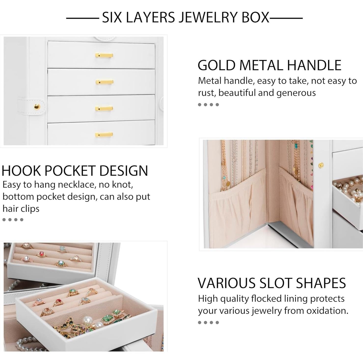 Caja de Joyería Grande AKOZLIN Blanco con Espejo y 6 Cajones