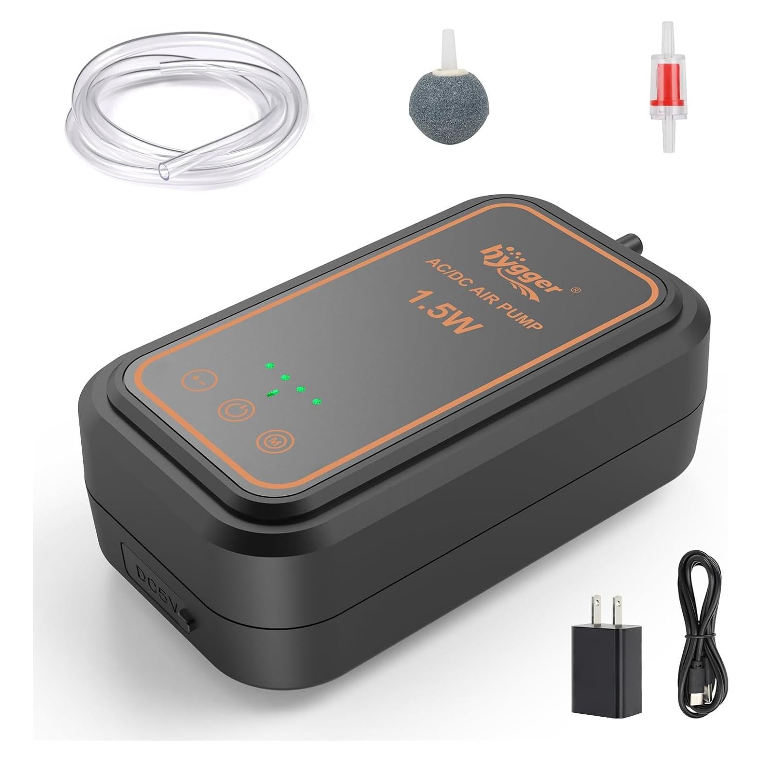 Bomba de aire recargable Hygger para acuario 1.5W hasta 125L