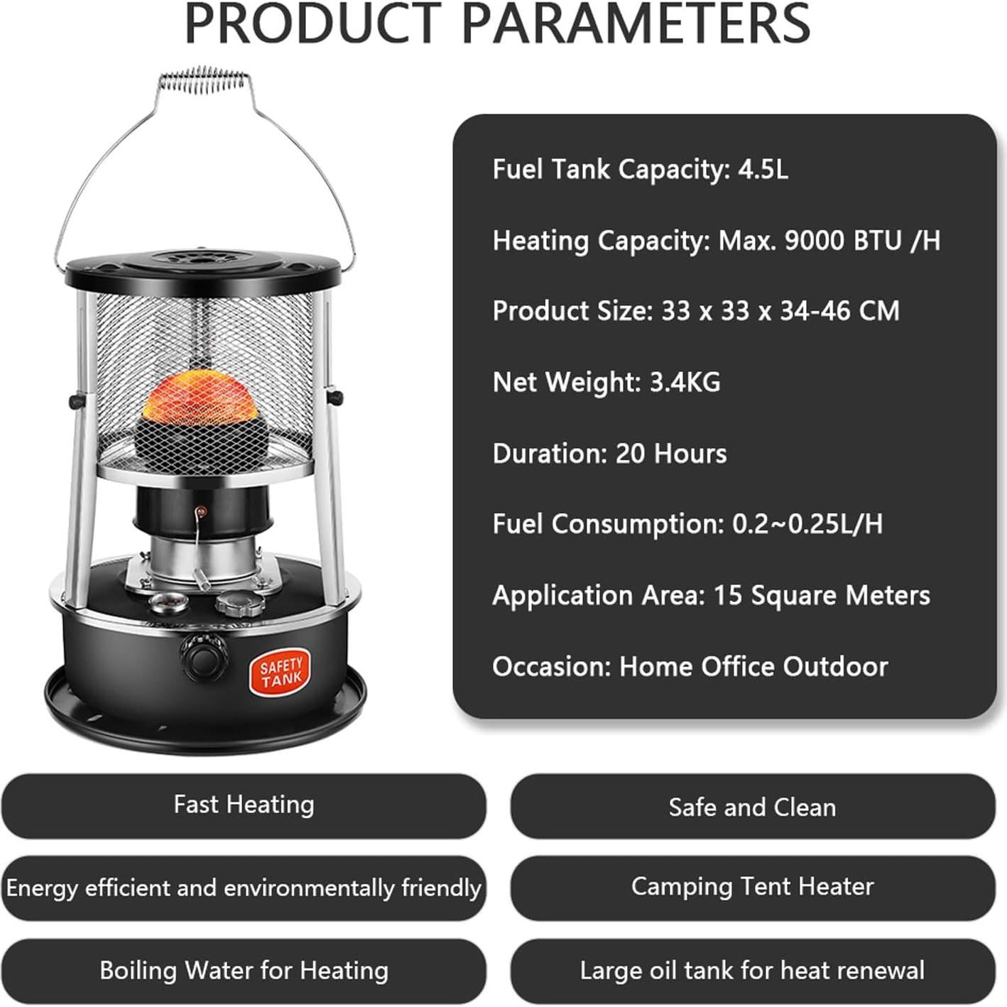 Calentador de Queroseno Portátil Vnekjse 2800W 4.5L Negro