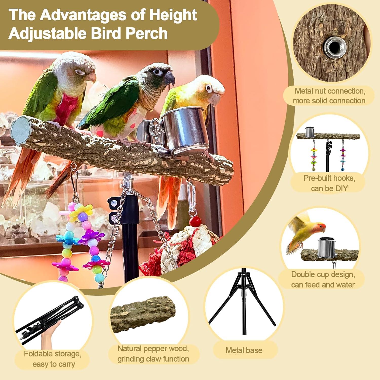 Perch para Aves Arfubye Ajustable 40-160 cm con Tazas y Juguete