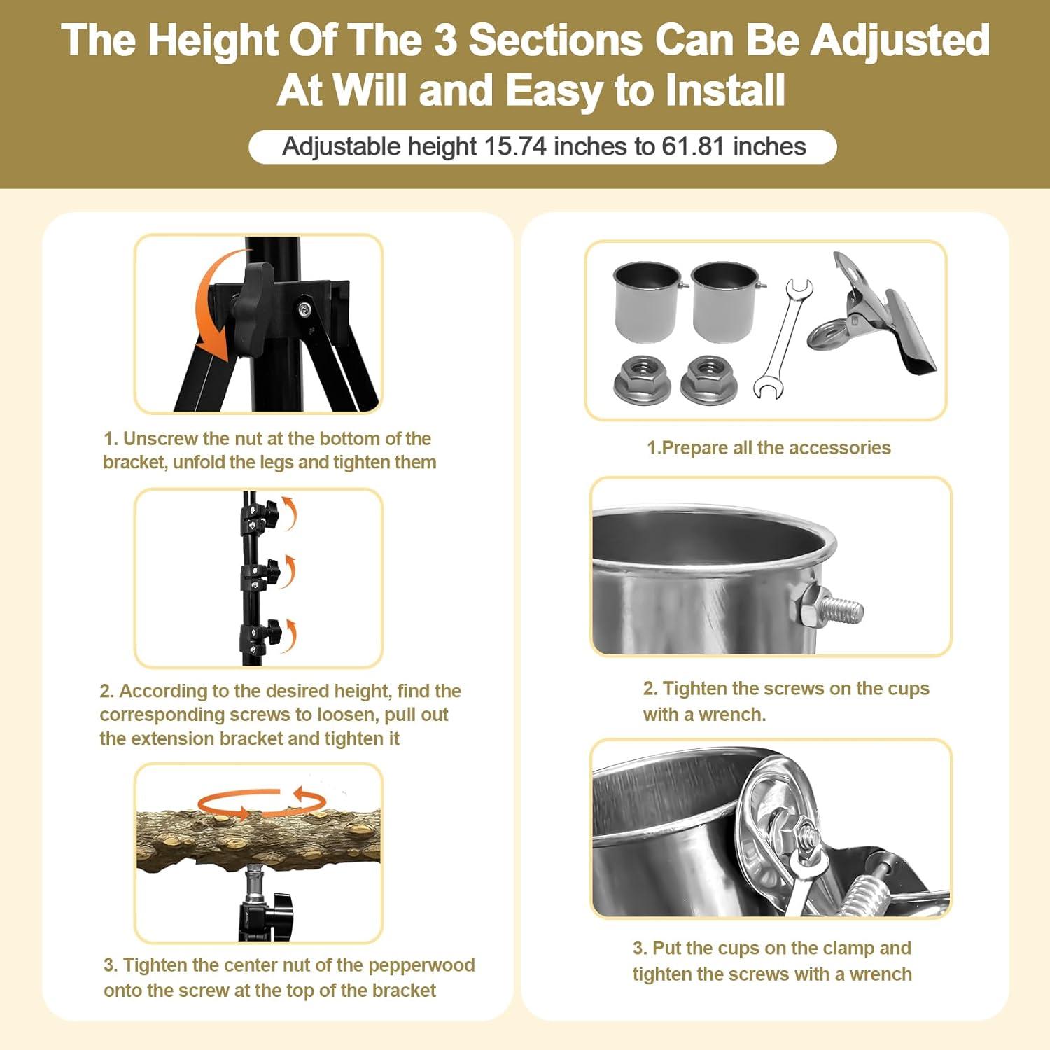 Perch para Aves Arfubye Ajustable 40-160 cm con Tazas y Juguete