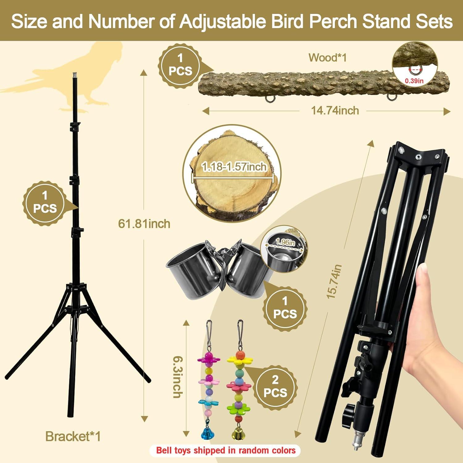Perch para Aves Arfubye Ajustable 40-160 cm con Tazas y Juguete