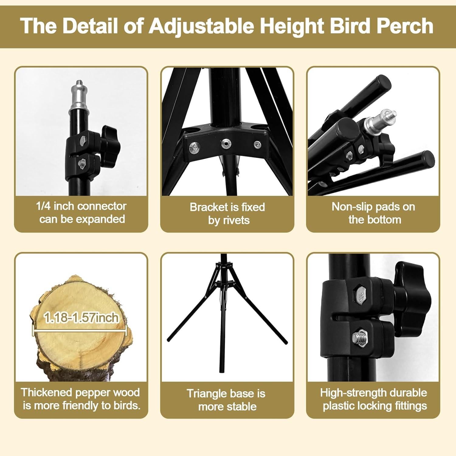 Perch para Aves Arfubye Ajustable 40-160 cm con Tazas y Juguete