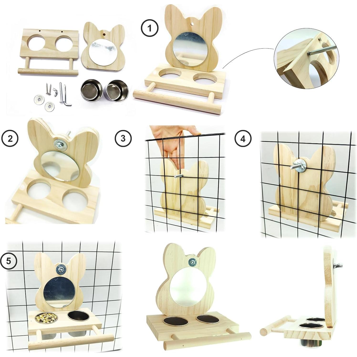 Perchero para Aves Hamiledyi con Espejo y Tazas de Acero Inoxidable