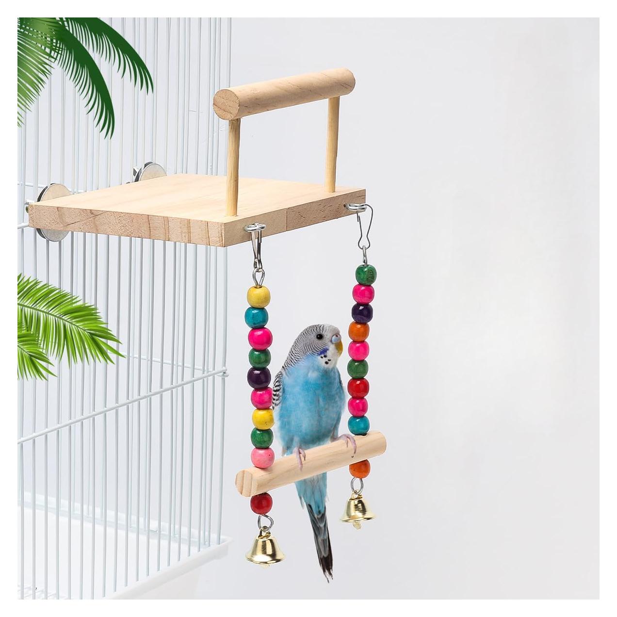 Plataforma y Columpio para Aves DEFKIYT - 14x12 cm, Madera Natural