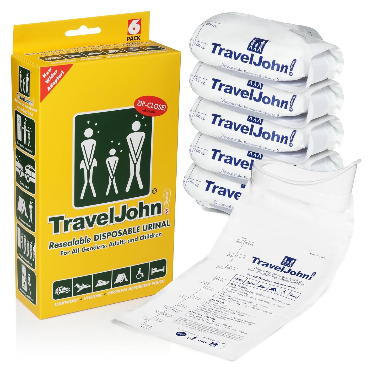 Orinal desechable TravelJohn 800 ml resellable - Paquete de 6