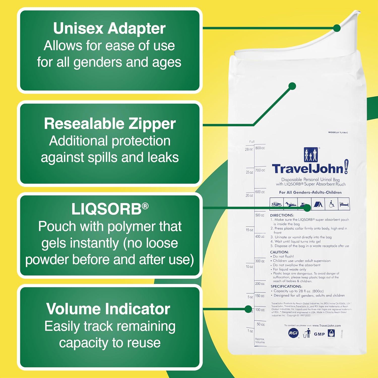 Orinal desechable TravelJohn 800 ml resellable - Paquete de 6