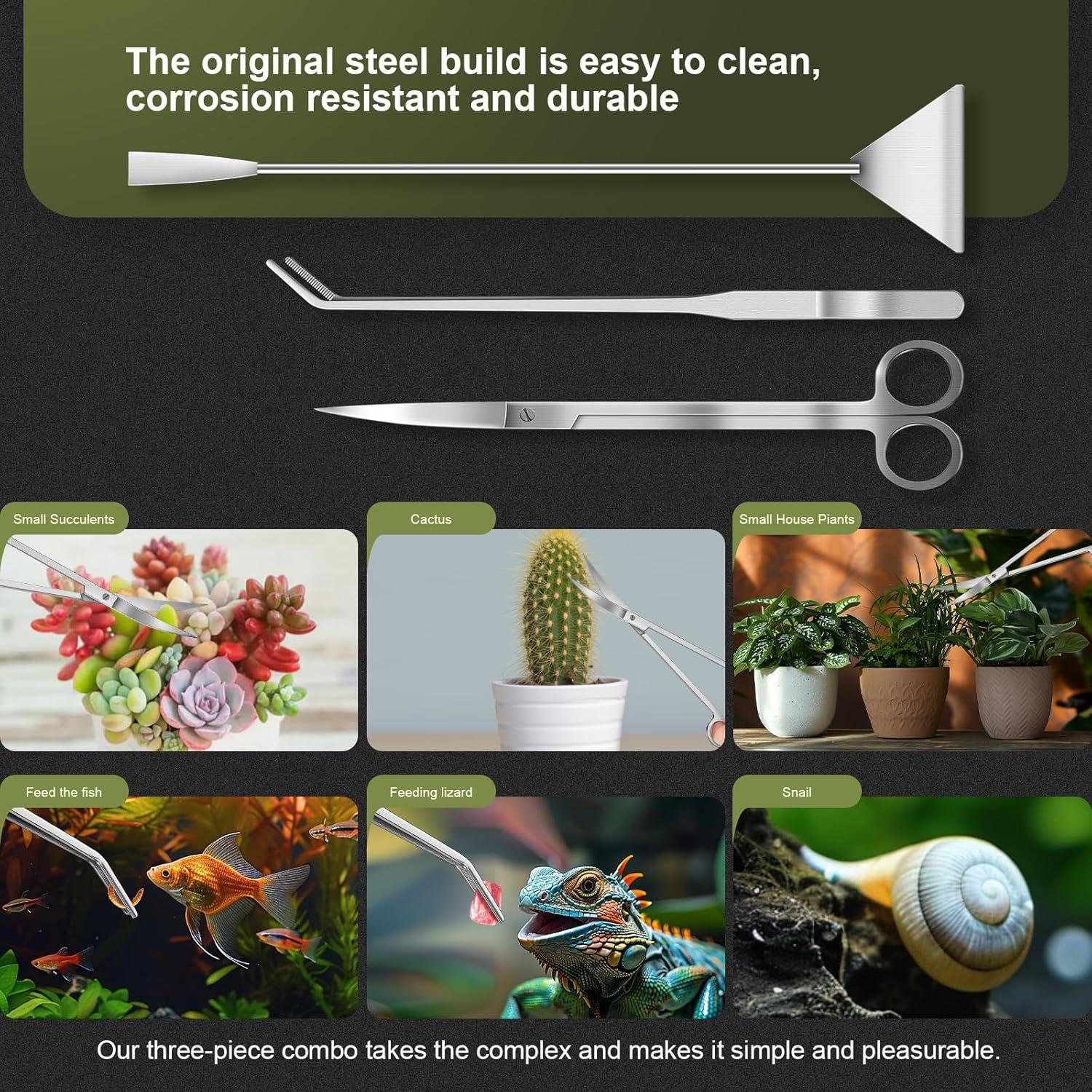 Kit de herramientas para acuarios Nicholaus 3 piezas acero inoxidable