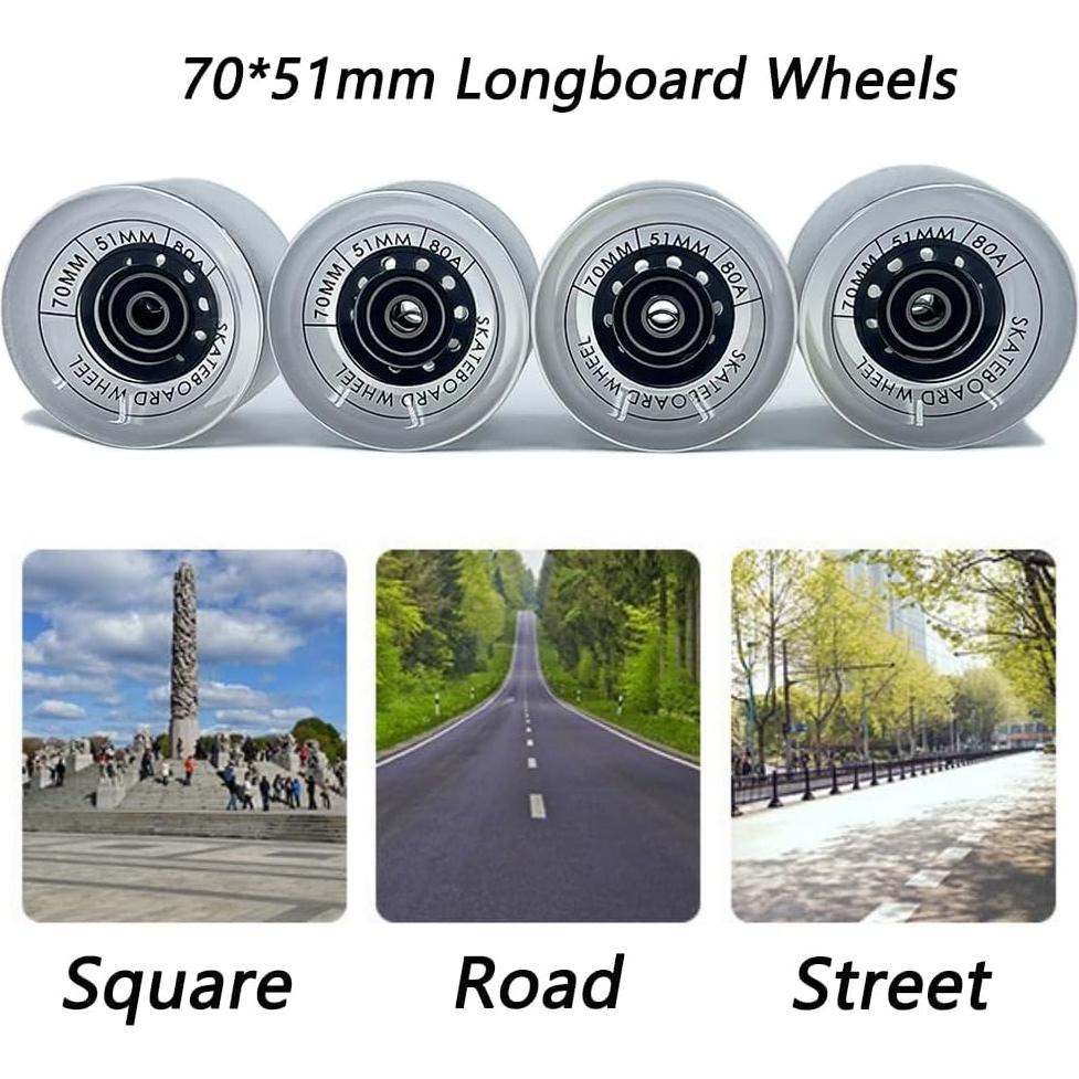 Ruedas de Longboard LOOEEL 70mm 80A con Rodamientos ABEC-9