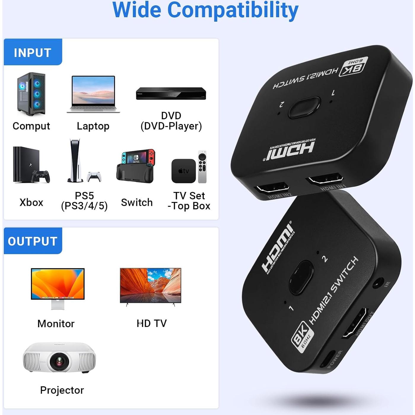 Conmutador HDMI 2.1 DGODRT 8K 60Hz 48Gbps Bidireccional