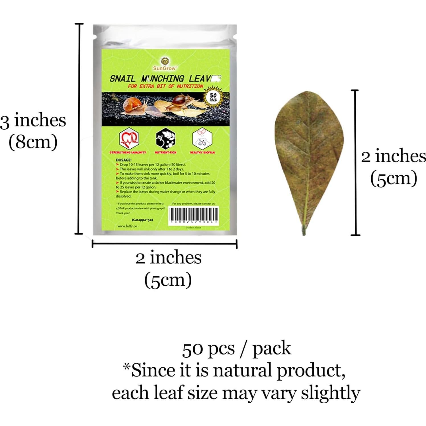 Hojas Mini Catappa SunGrow para Caracoles - Paquete de 50