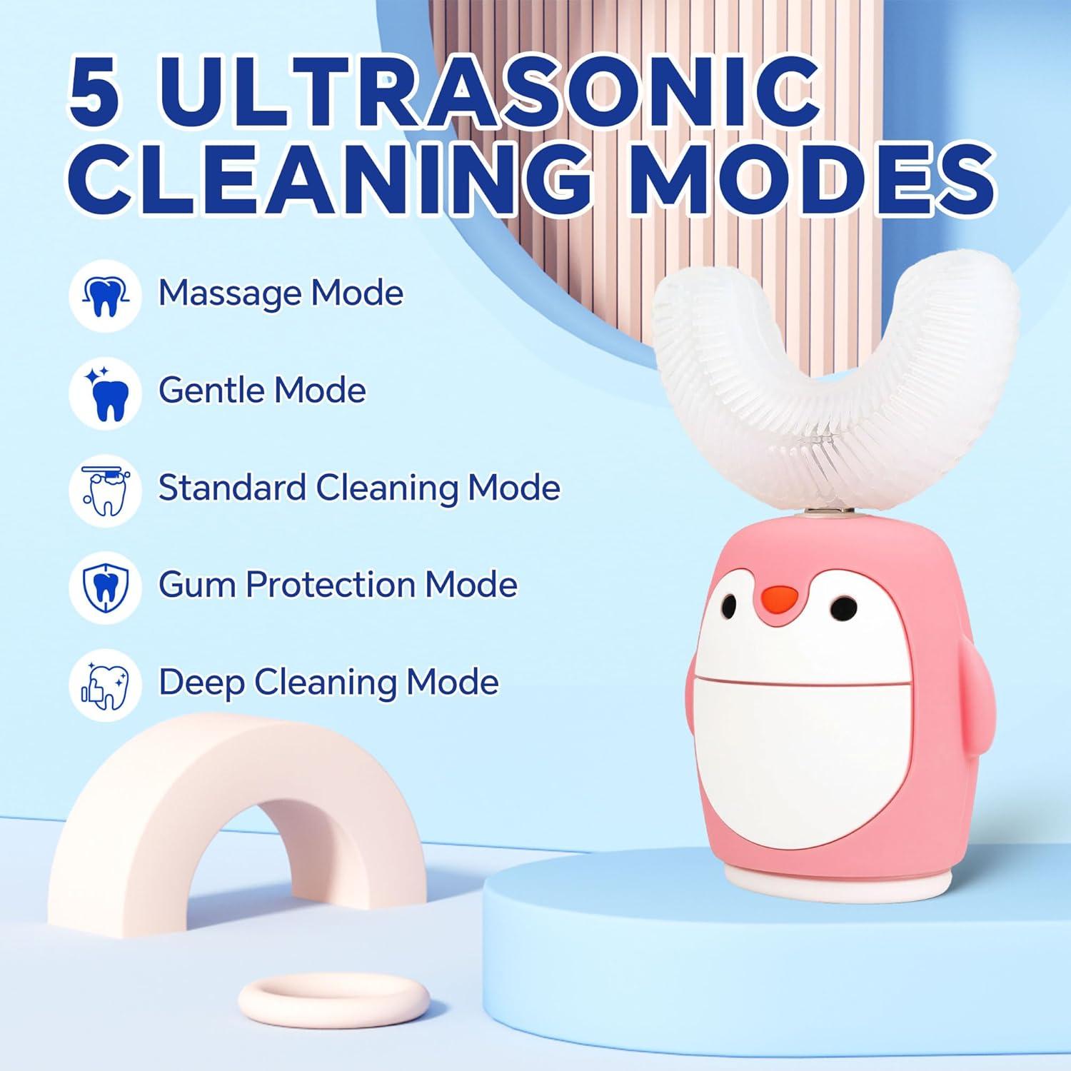 Cepillo de Dientes Eléctrico Infantil HUPO Pingüino Rosa 5 Modos