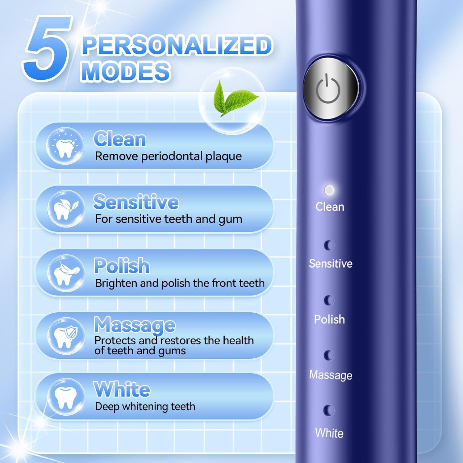Cepillo de dientes eléctrico JTF azul con 6 cabezales y 5 modos