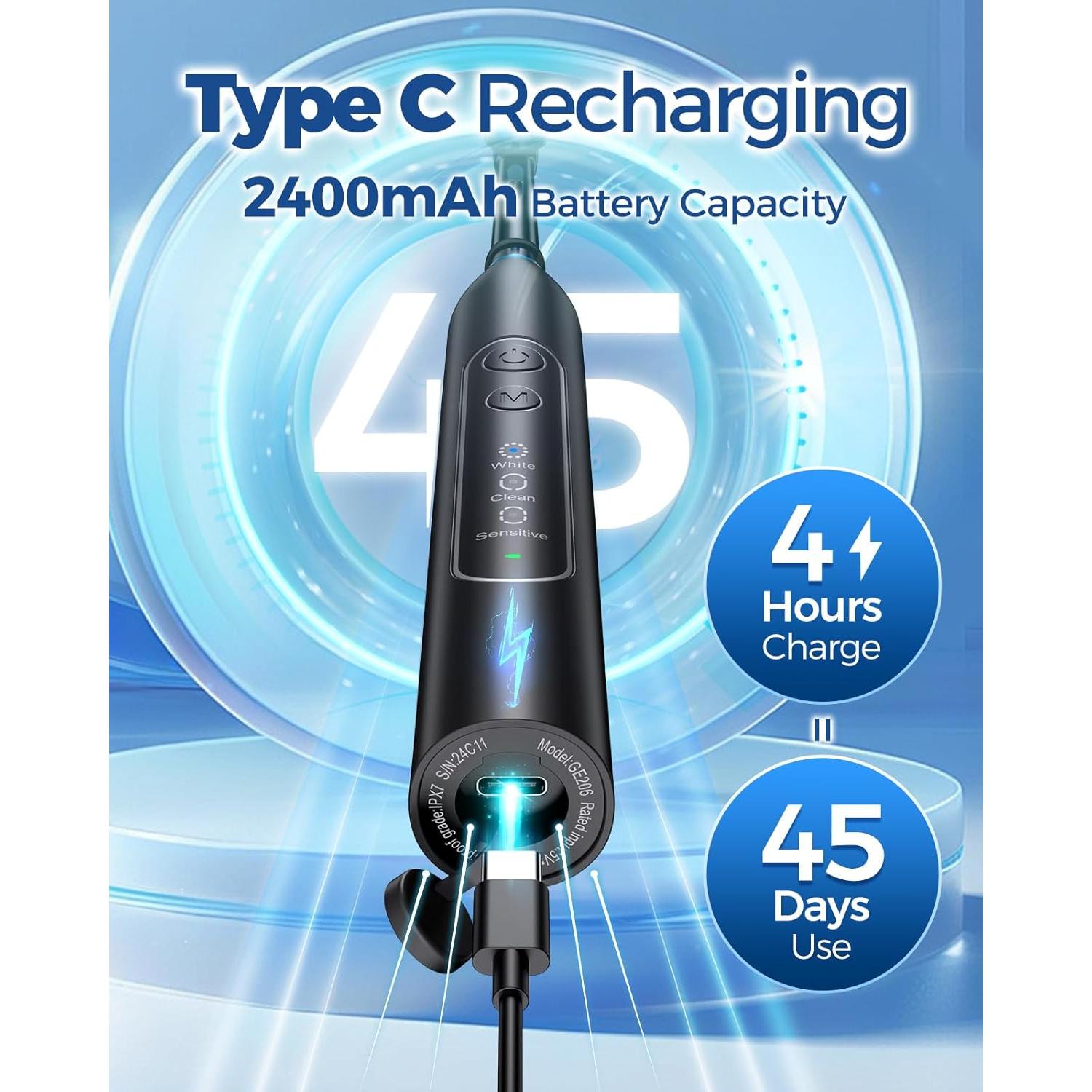 Cepillo de dientes eléctrico TEETHEORY con 8 cabezales y 3 modos