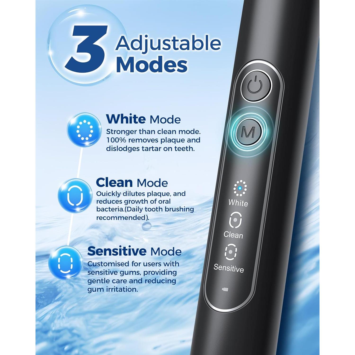 Cepillo de dientes eléctrico TEETHEORY con 8 cabezales y 3 modos