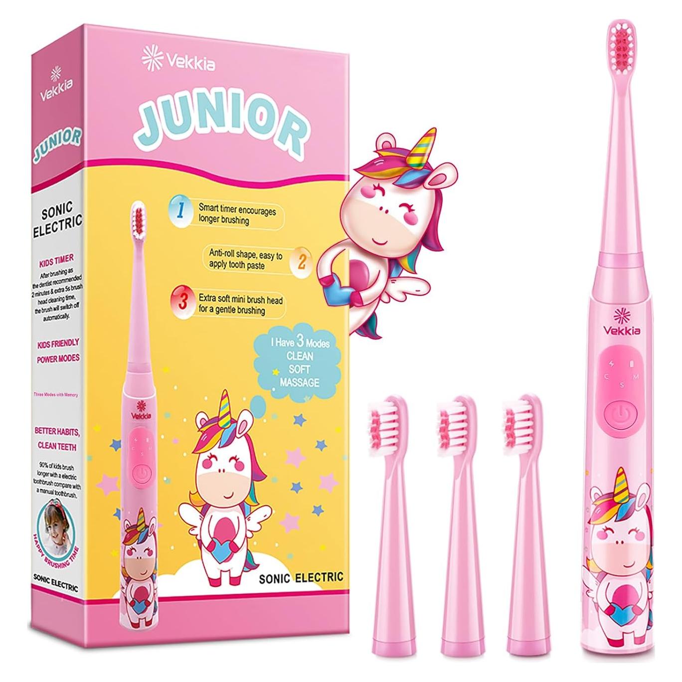 Cepillo de dientes eléctrico Vekkia Sonic para niños Rosa, 3 modos