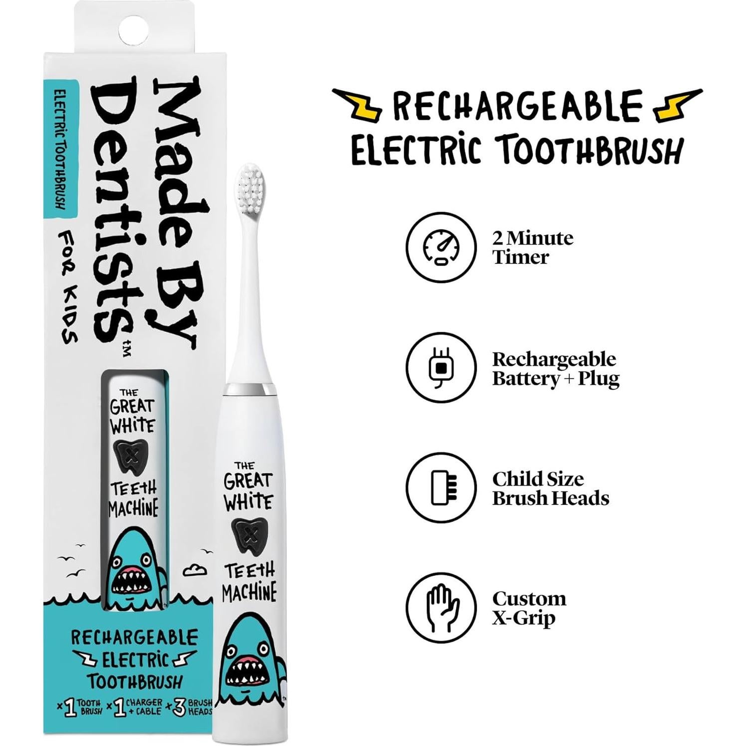 Cepillo de Dientes Eléctrico para Niños Tiburón - Recargable con 6 Cabezas