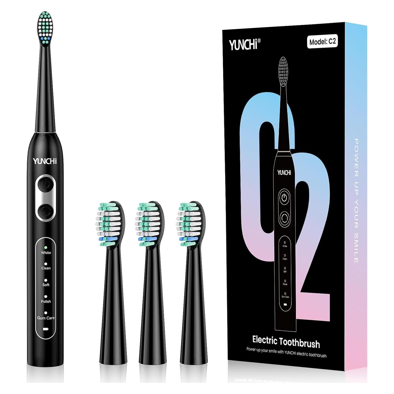 Cepillo de Dientes Eléctrico Sonic YUNCHI Negro 5 Modos 4 Cabezas