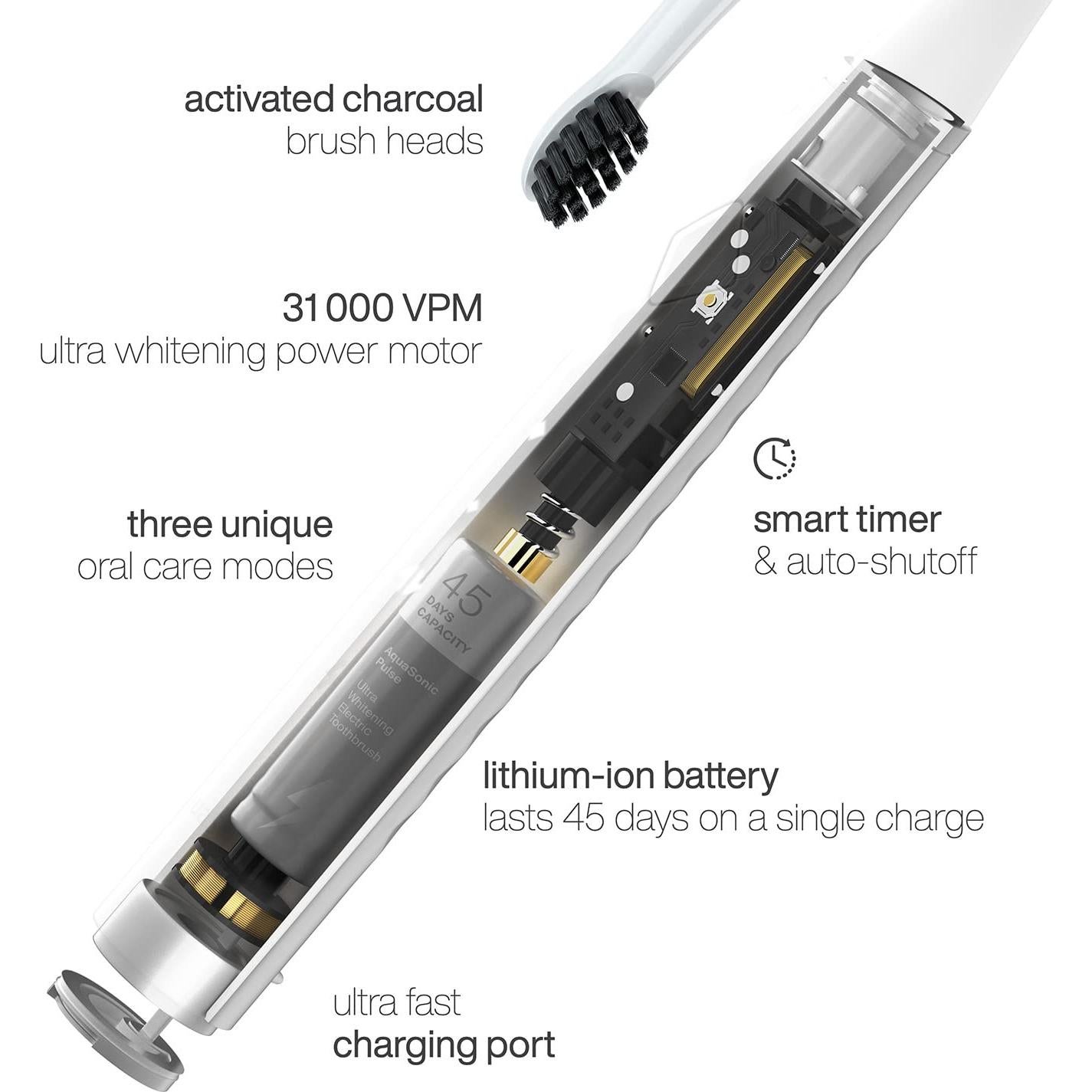 Cepillo de Dientes Eléctrico AquaSonic Pulse - Blanqueamiento Carbón Activado - 3 Modos