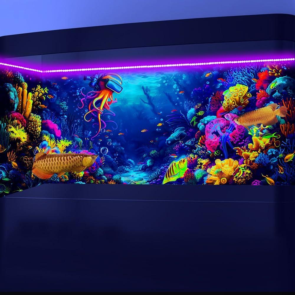 Fondo de Acuario 3D Dtekoj 120x50cm Pulpo Luz Negra UV