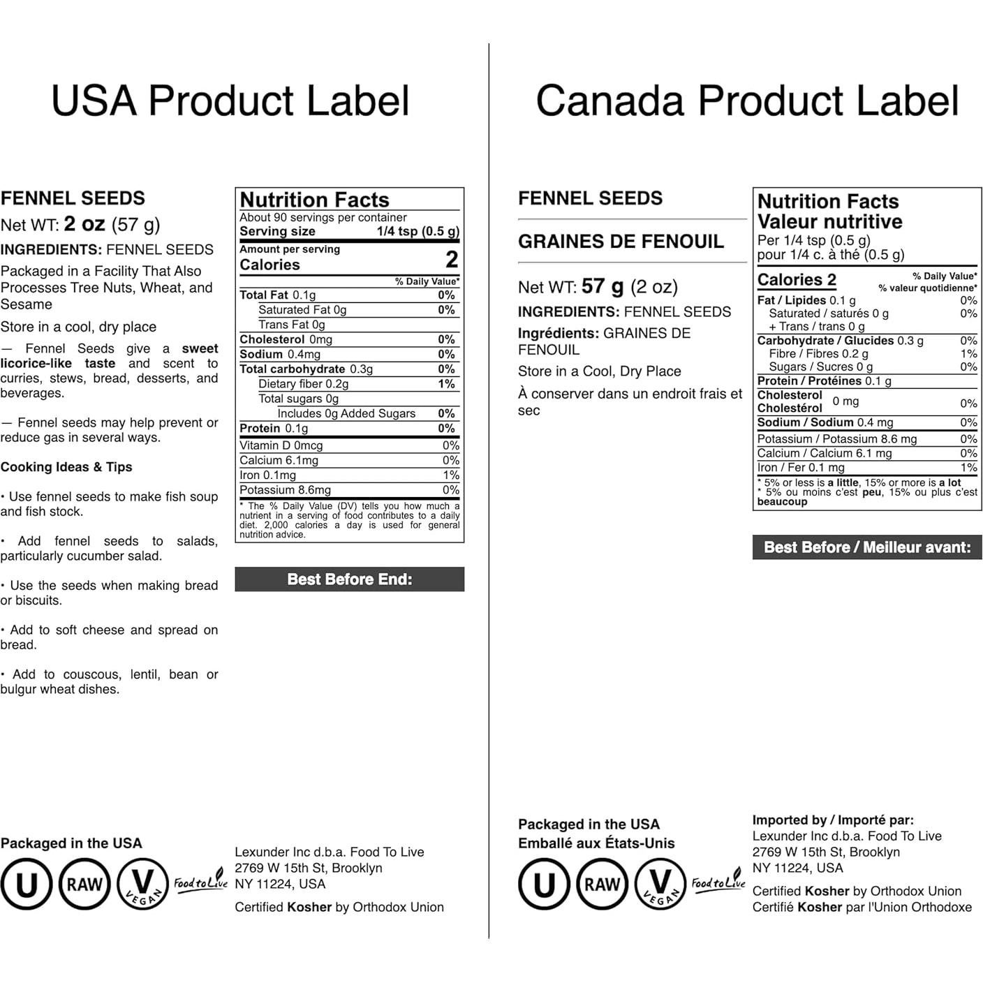 Semillas de Hinojo Food to Live 56.7g Crudas Veganas Kosher