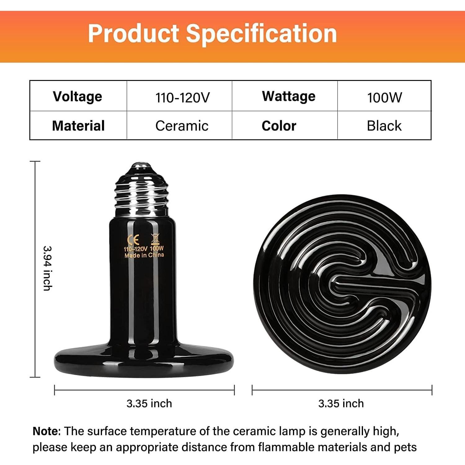 Lámpara de Calor Cerámica HealSmart 100W Sin Luz para Reptiles