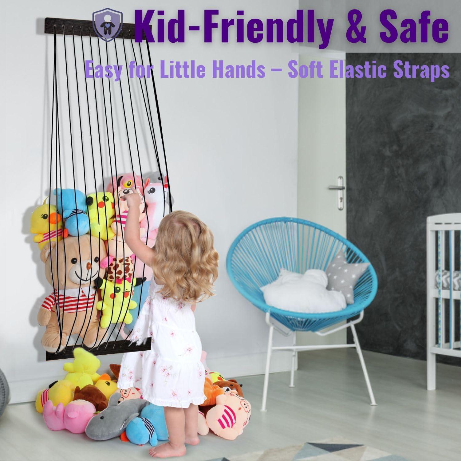 Stuffed Animal Storage Hammock Nursery Hanging Organizer Durable Wooden Frame with Elastic Rope for Plush Toy Display - Easy Wall or Door Installation Space-Saving Toy Net for Kids’ Room-Patent