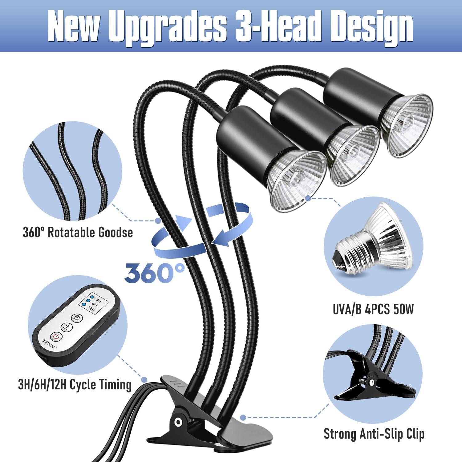 Lámpara de Calor para Reptiles TFNN 3 Cabezas 50W con Temporizador