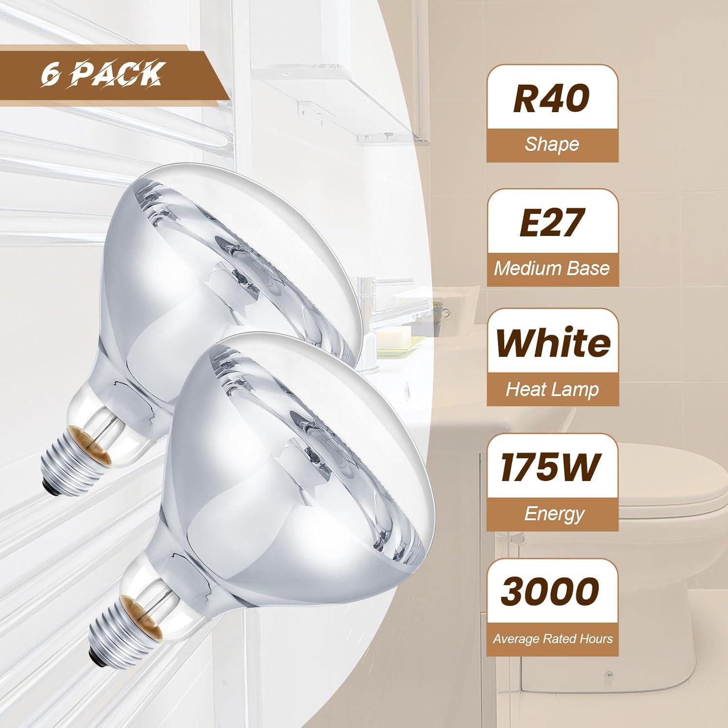 6 Bombillas de Calor Infrarrojas E26 175W Tujoe para Mascotas