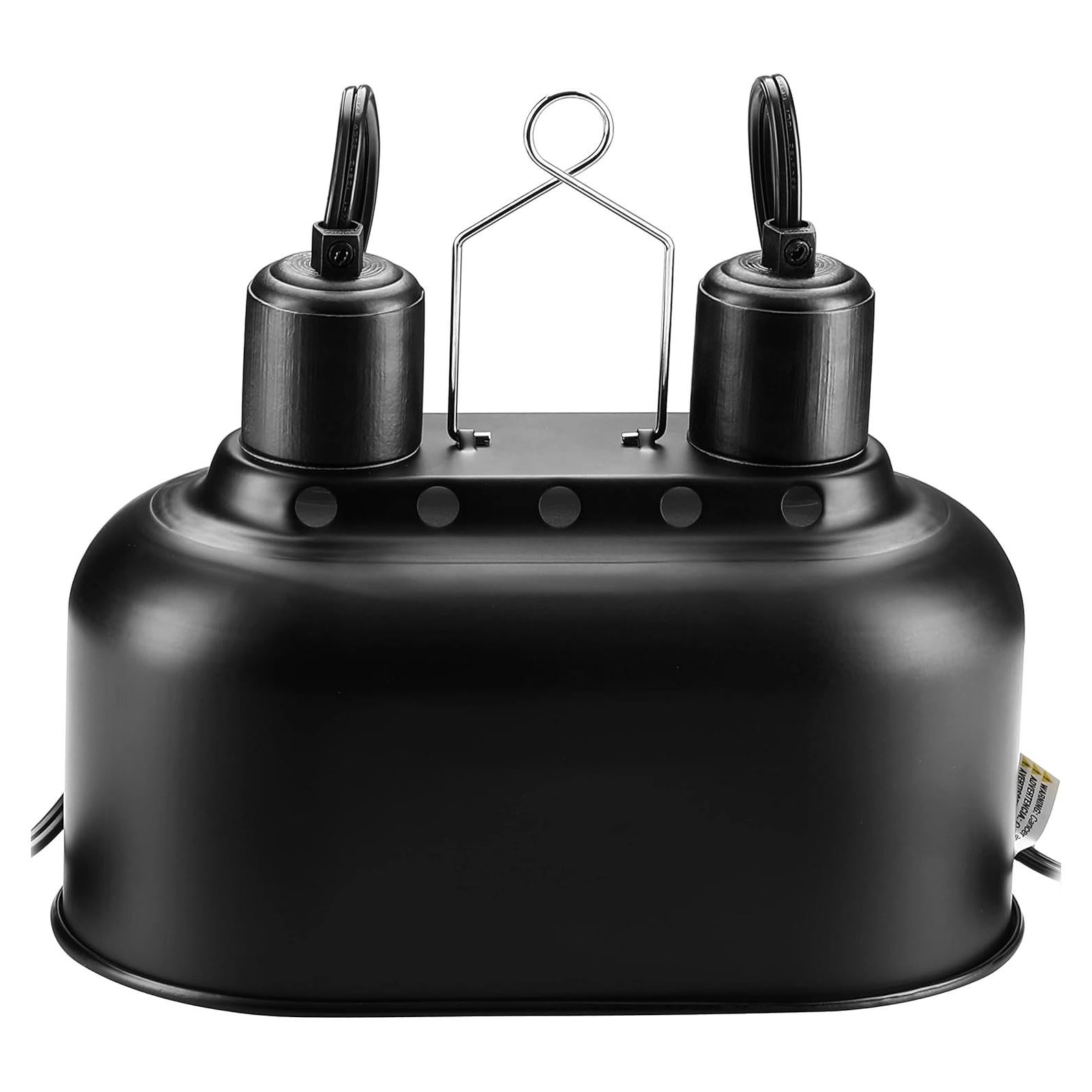 Simple Deluxe Reptile Lamp Fixture Aluminum Dome Light Dual Deep Cap Integration Design Heat-Lighting Lamp Double Sockets Bulbs Holder with Independent Switches, for Terrarium, Turtle Tank, Black