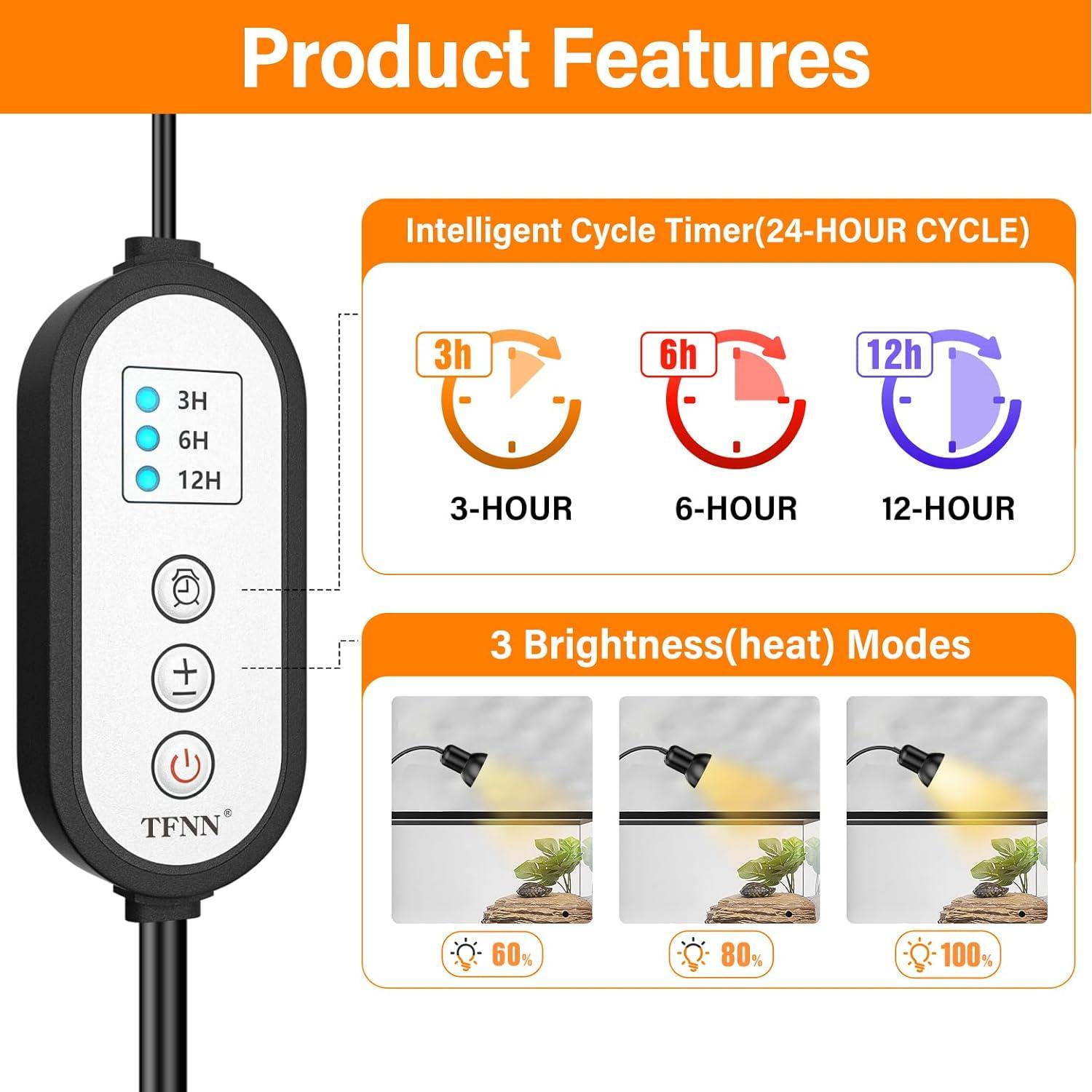 Lámpara de Calor para Reptiles TFNN con Temporizador 50W 75W