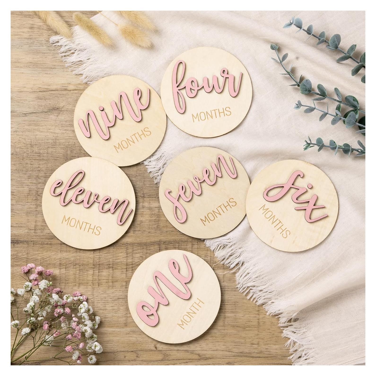 Círculos de Hitos Mensuales para Niñas - Tarjetas de Madera Rosa