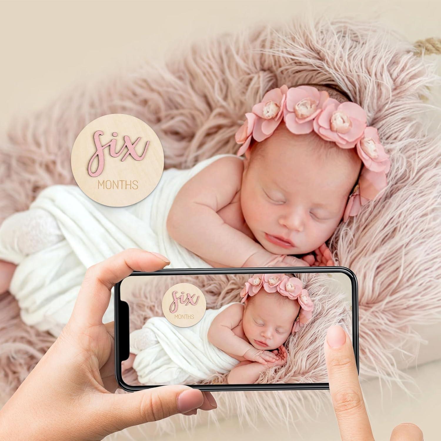 Círculos de Hitos Mensuales para Niñas - Tarjetas de Madera Rosa