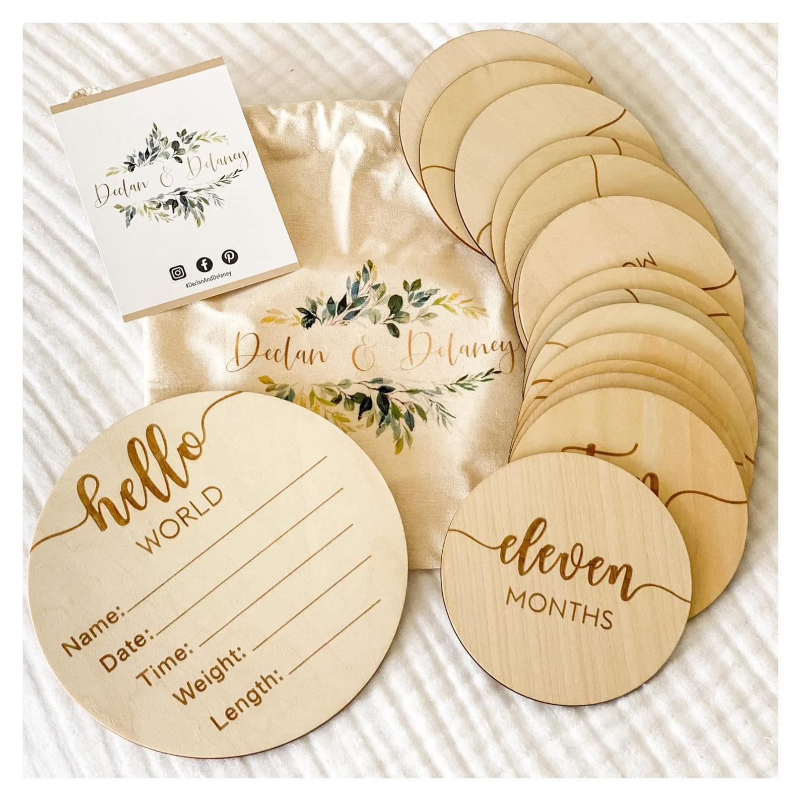 Tarjetas de Hitos Mensuales Bebé DECLAN & DELANEY - 16 Discos Madera