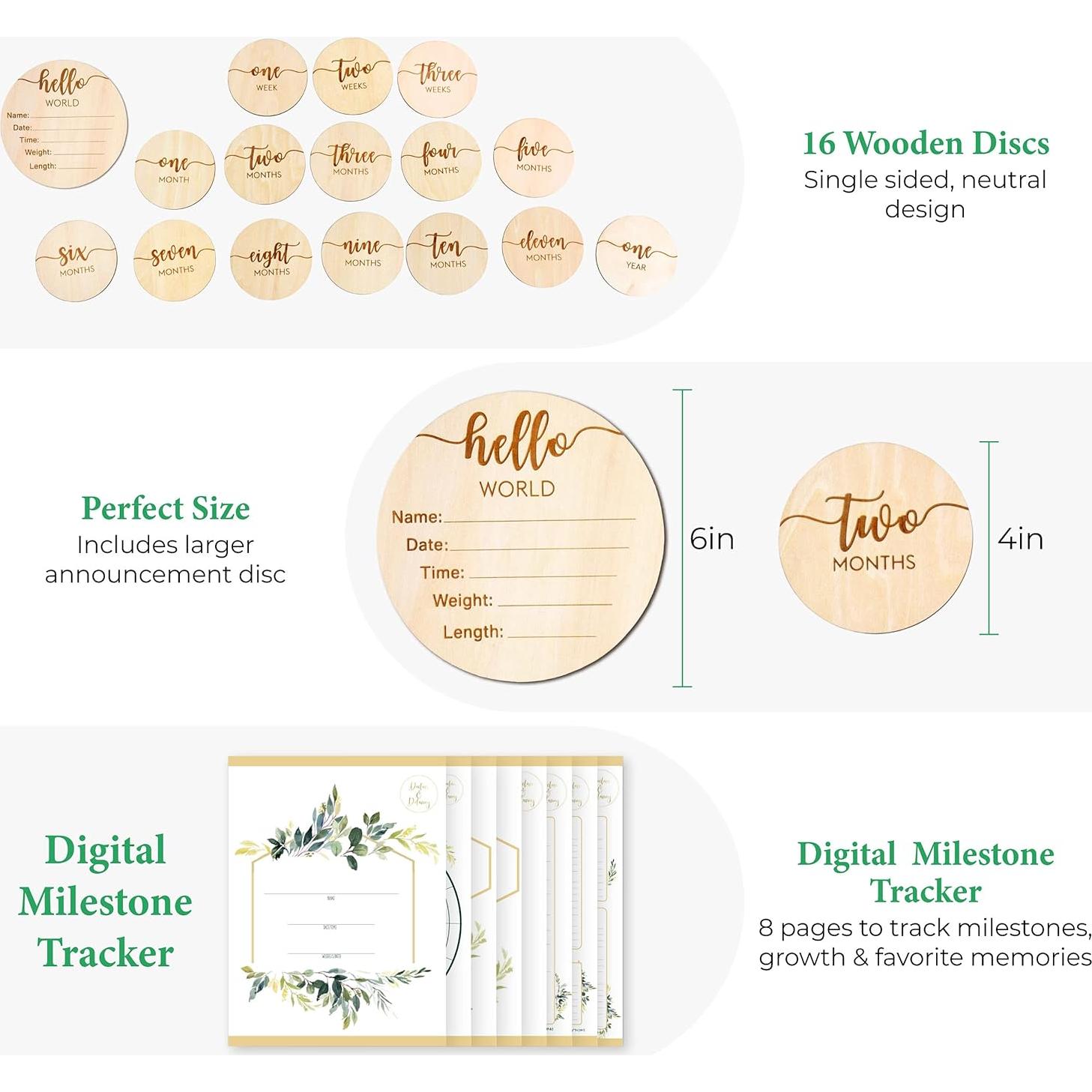 Tarjetas de Hitos Mensuales Bebé DECLAN & DELANEY - 16 Discos Madera