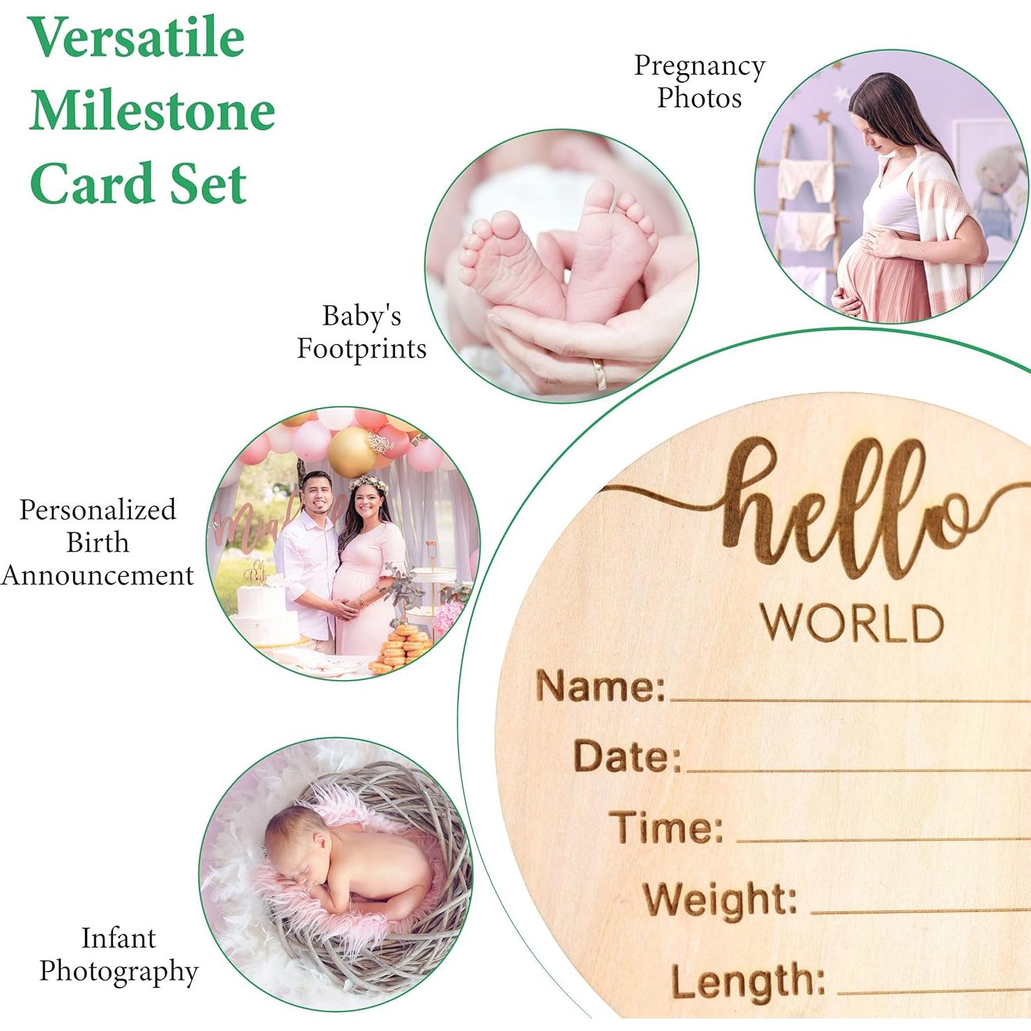 Tarjetas de Hitos Mensuales Bebé DECLAN & DELANEY - 16 Discos Madera