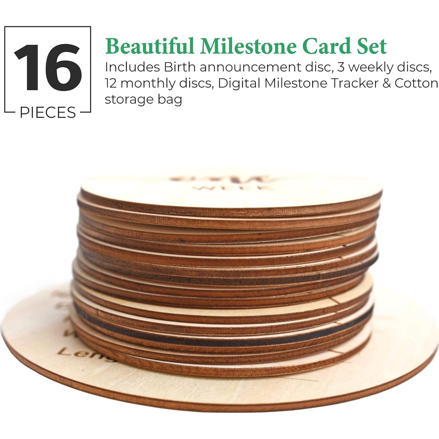 Tarjetas de Hitos Mensuales Bebé DECLAN & DELANEY - 16 Discos Madera