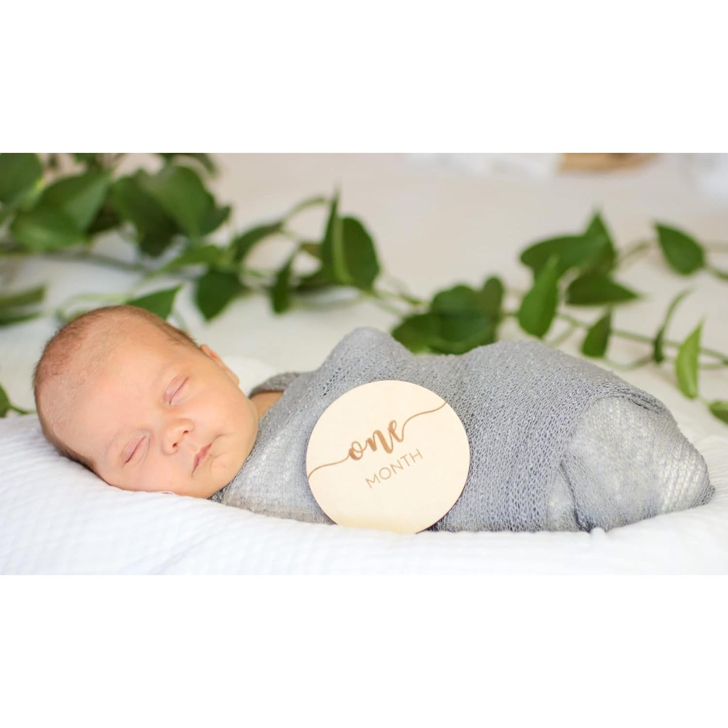 Tarjetas de Hitos Mensuales Bebé DECLAN & DELANEY - 16 Discos Madera