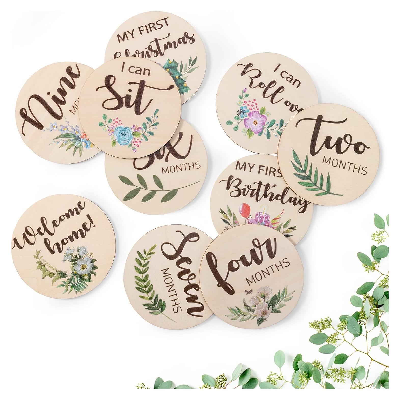 Tarjetas de Hitos Mensuales Bebé - 10 Discos de Madera 9.5cm