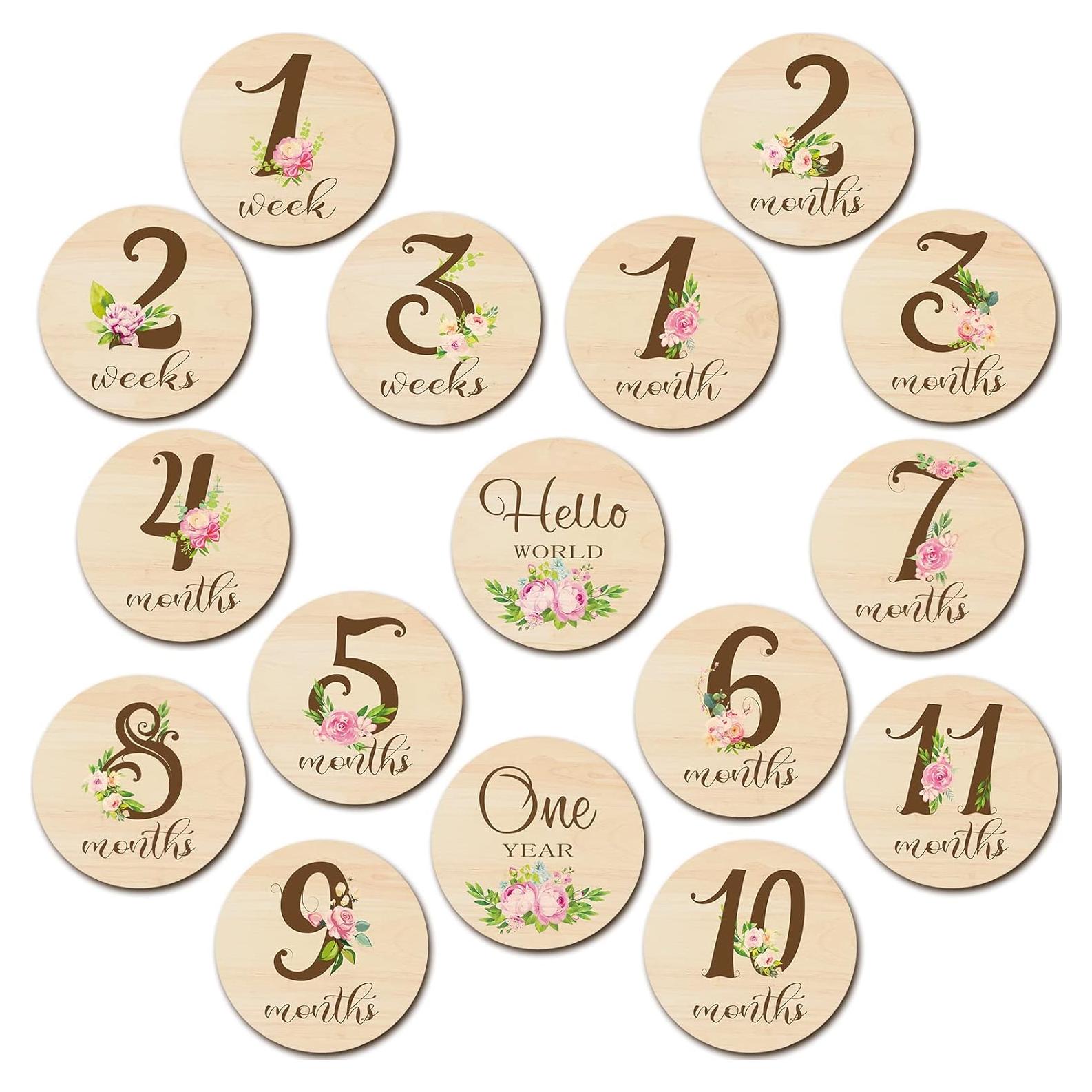 16 Tarjetas de Hitos Mensuales de Madera Tiamon para Bebés